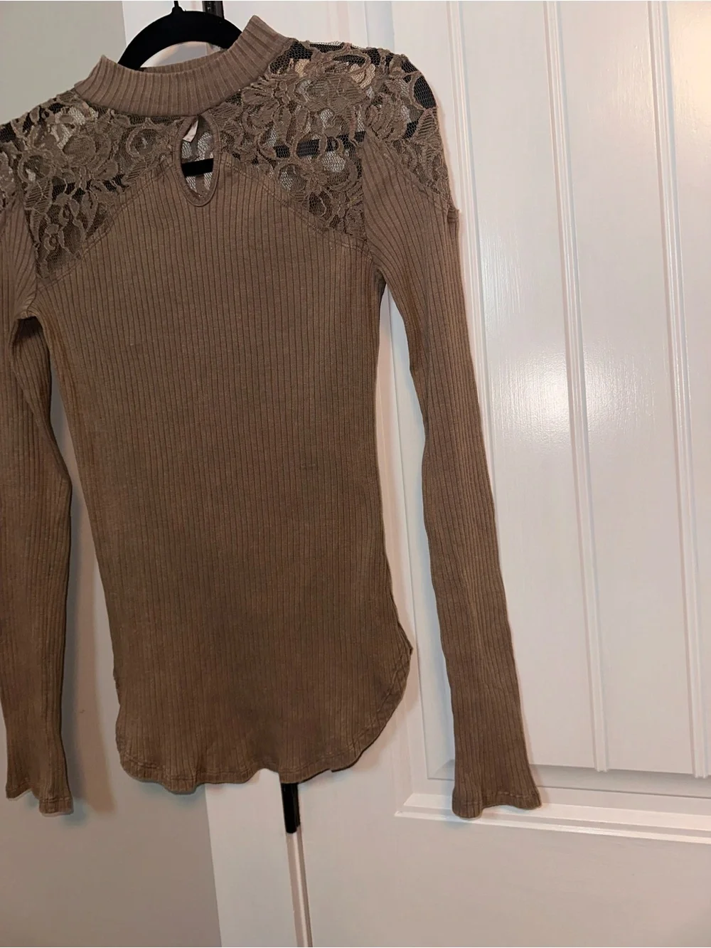 Free People Size Medium Lace Yoke Ribbed Knit Top - Brown